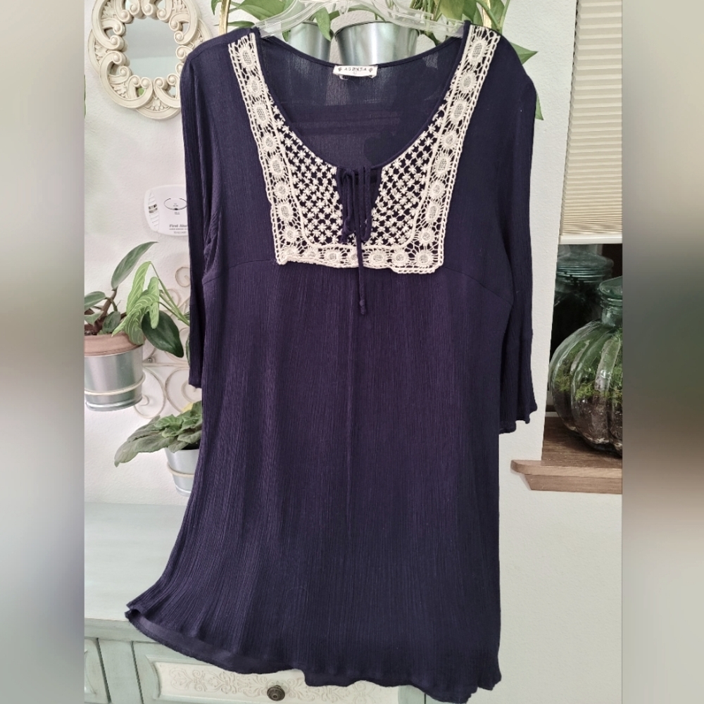 Agenda Floral Embroidered Boho Blue Tunic Blouse Top - Picture 2 of 9